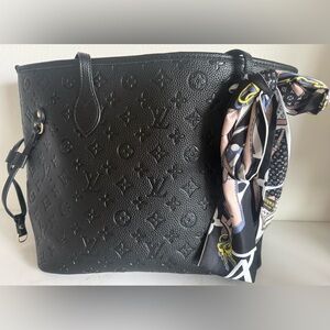 Black Pebbled Leather Tote Bag Monogram Embossed Large Shoulder Bag